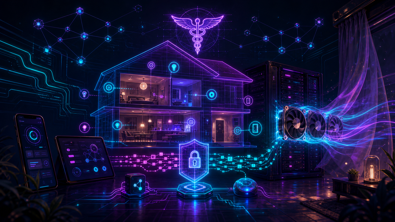 Home Automation and the Edge of the Real World — ChatGPT Codex generated cyberpunk editorial illustration