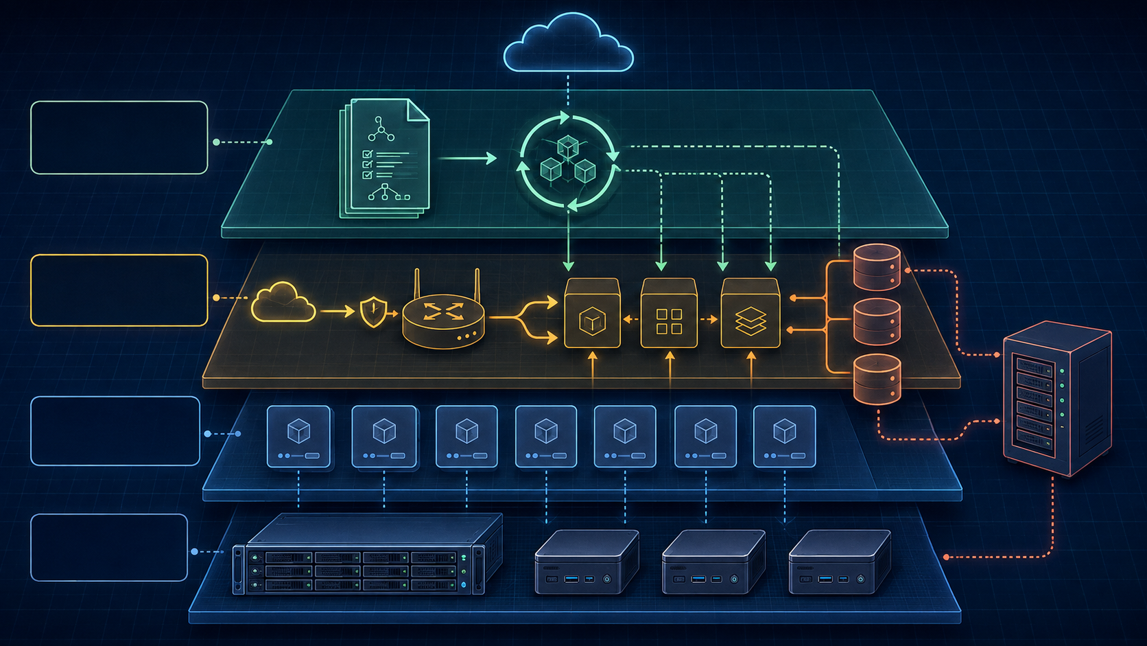 Four connected visual planes: home hardware and virtual machines, an incoming delivery path, a GitOps control loop, and separate state storage.