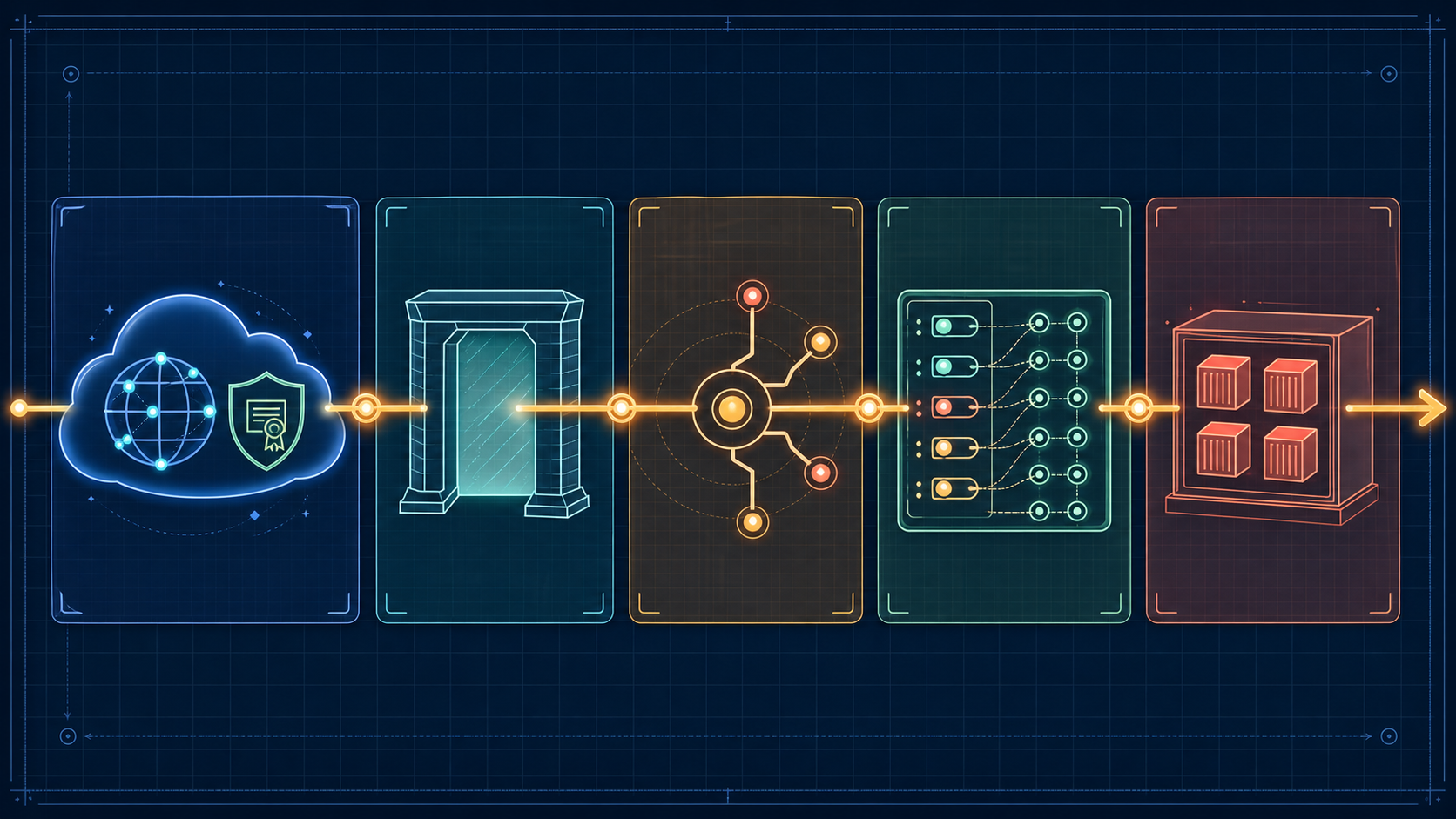 A browser request moves through external DNS and certificate services, a virtual IP, an ingress router, a Kubernetes Service, and an application workload.