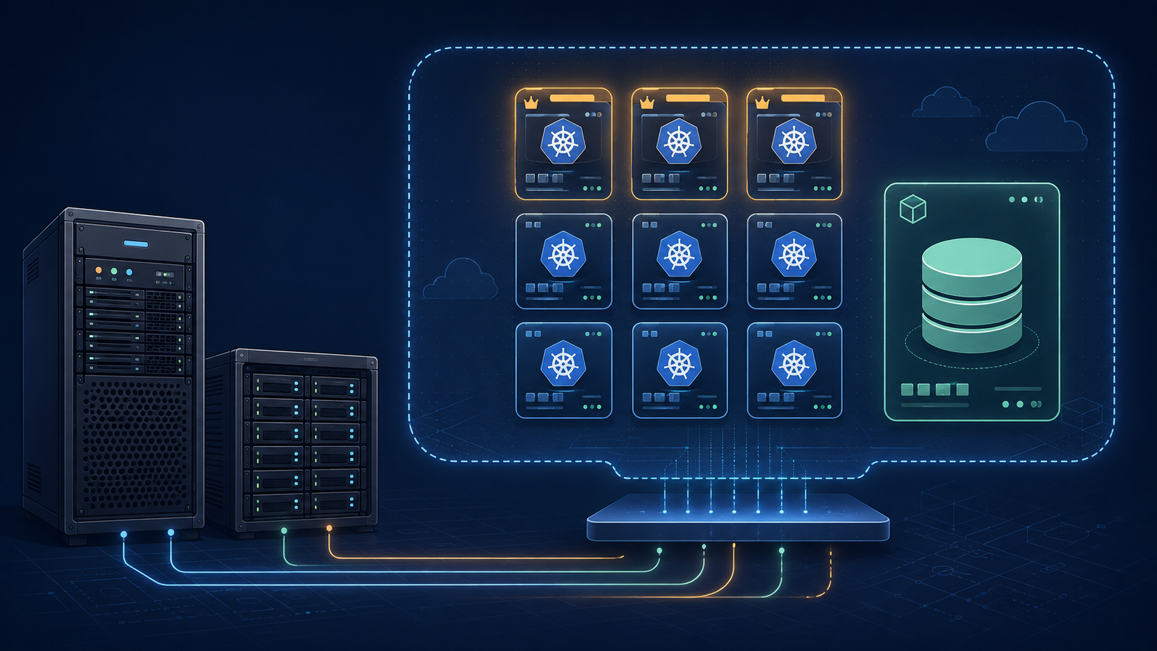 A rack server and external disk rack sit outside a virtualization boundary containing nine Kubernetes node tiles and a separate NAS virtual machine.