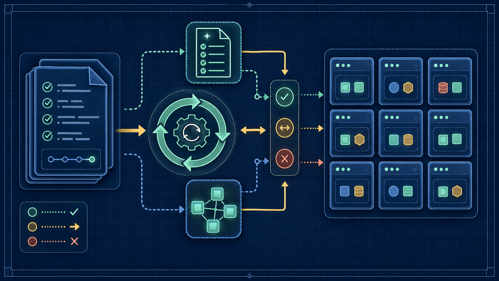 A versioned configuration document enters a reconciliation loop and becomes running workloads across a nine-node Kubernetes cluster.