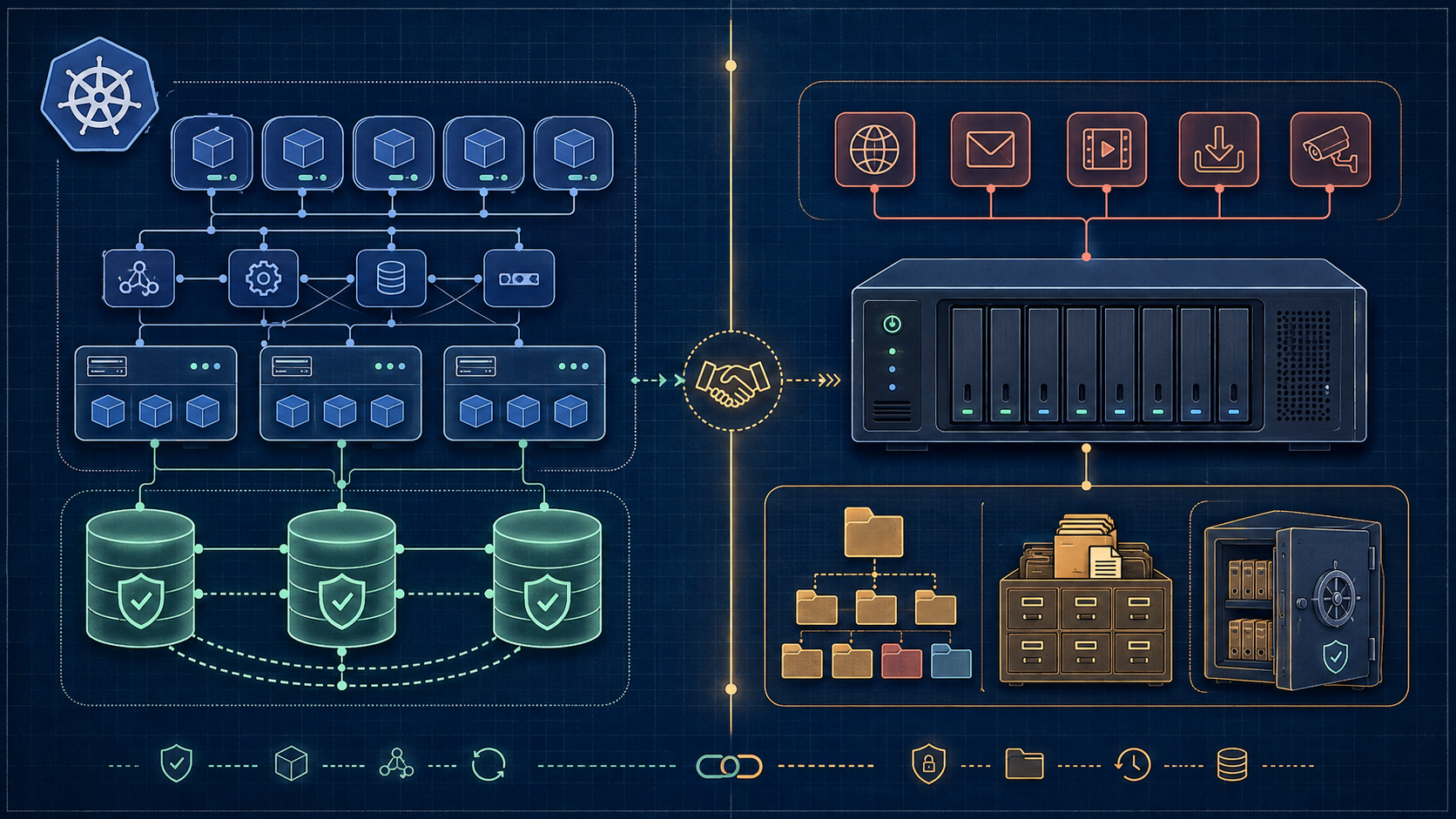 Kubernetes workloads connect to durable distributed volumes on one side, while a separate NAS serves non-Kubernetes services and a filesystem-backed vault on the other.
