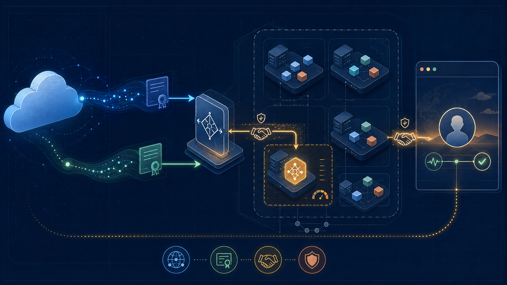 External DNS and certificate signals reach an ingress gateway pinned to one Kubernetes node, with an identity checkpoint at a protected browser boundary.