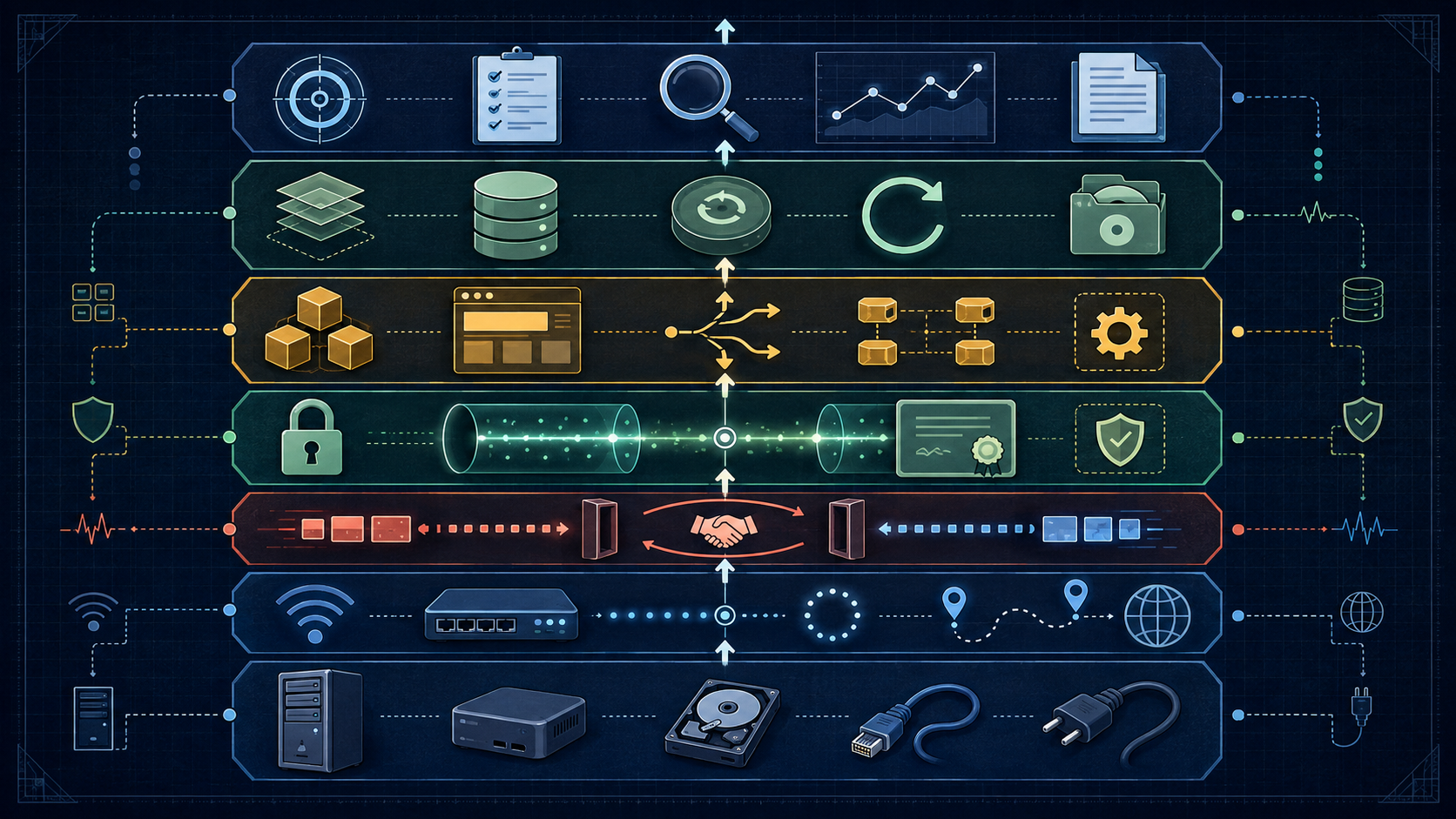 A vertical responsibility map rises from machines and network reachability through transport, secure sessions, applications, state, and control evidence.