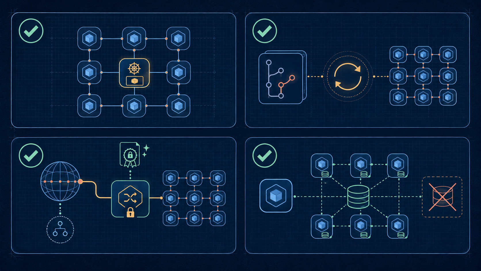Four visual guardrails show a nine-node cluster, a GitOps reconciliation loop, one ingress path with certificate issuance, and durable distributed volumes instead of local disks.