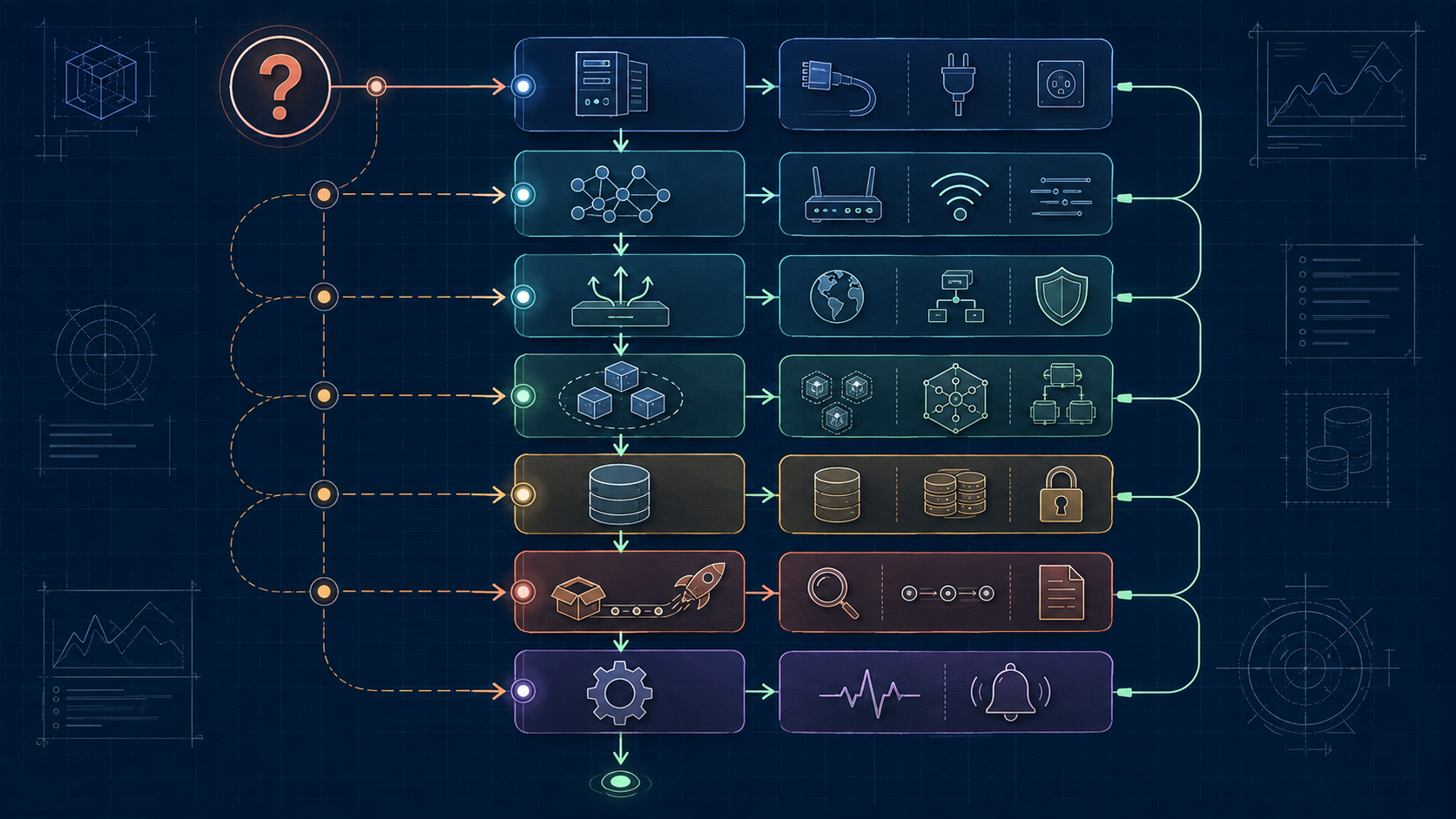 A service question routes to focused branches for physical infrastructure, network, edge, Kubernetes applications, state, delivery evidence, and operations.