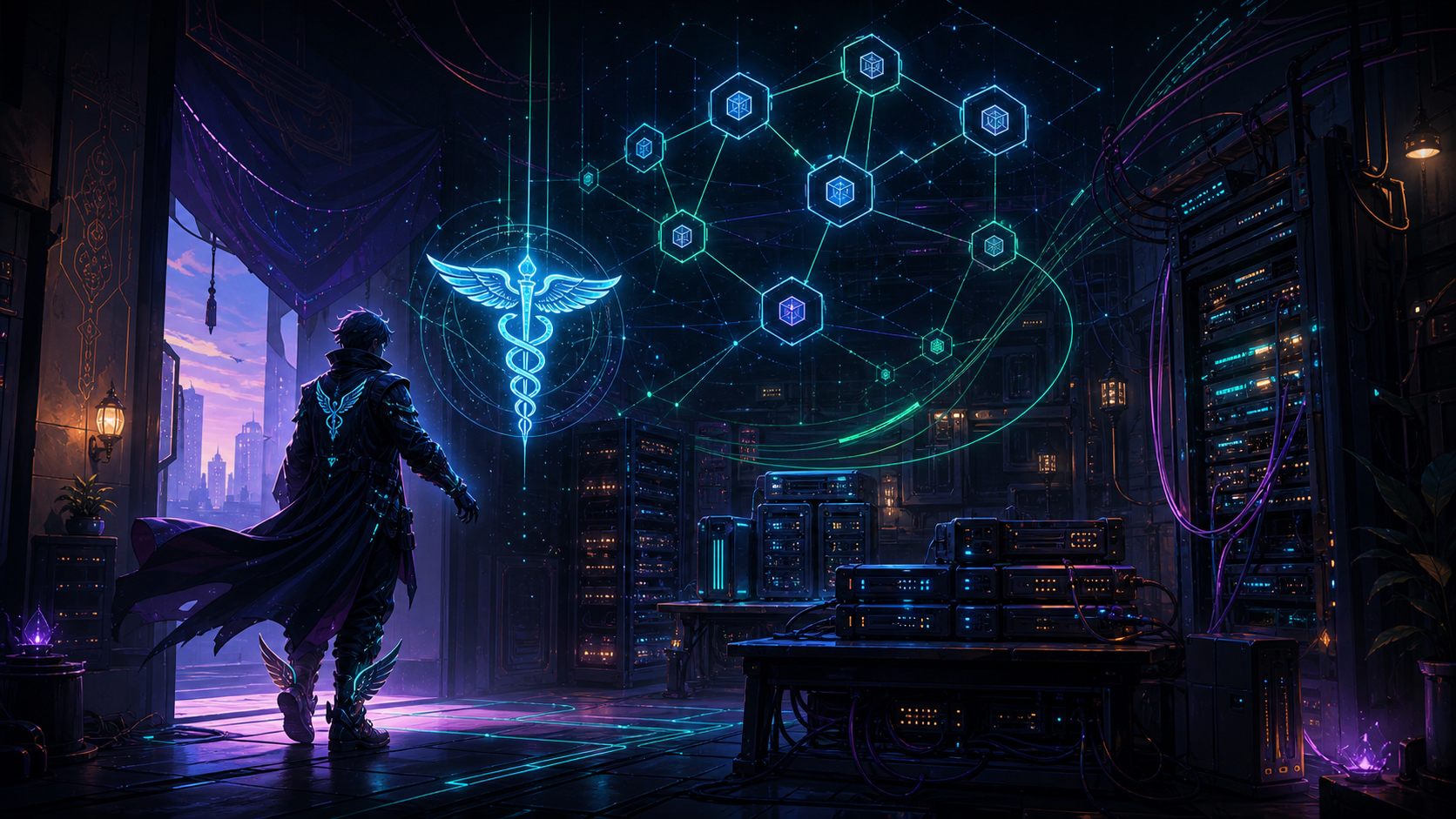 ChatGPT Codex generated cyberpunk Hermes glyph entering a production homelab command space