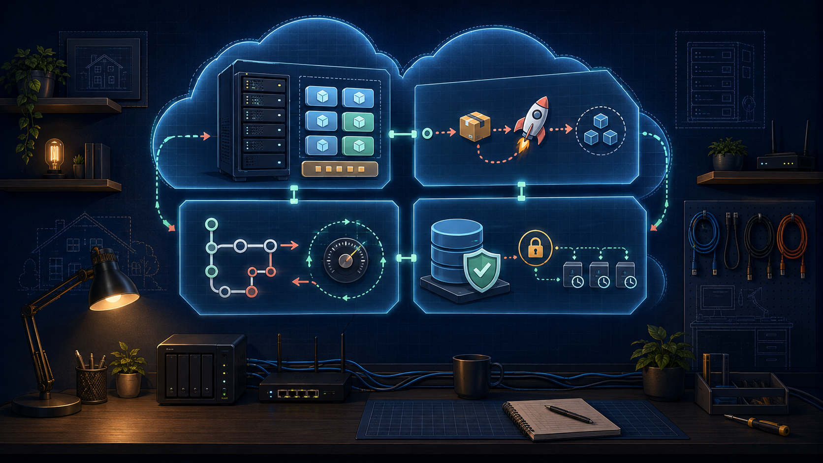 An illustrated home workspace where four connected planes—hardware, delivery, GitOps control, and state—form a small cloud.