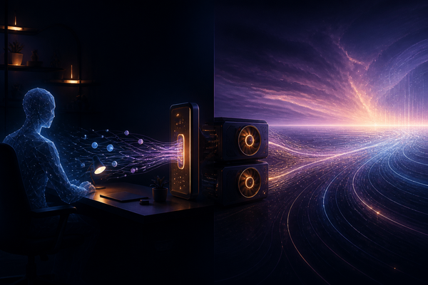 ChatGPT Codex generated editorial illustration of a personal AI workstation, two local GPU workers, memory threads, and a long-context horizon